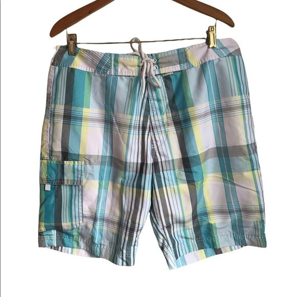 GAP Men’s Board Shorts / Turquoise Plaid / Fully Lined / Size: Large - Picture 1 of 13
